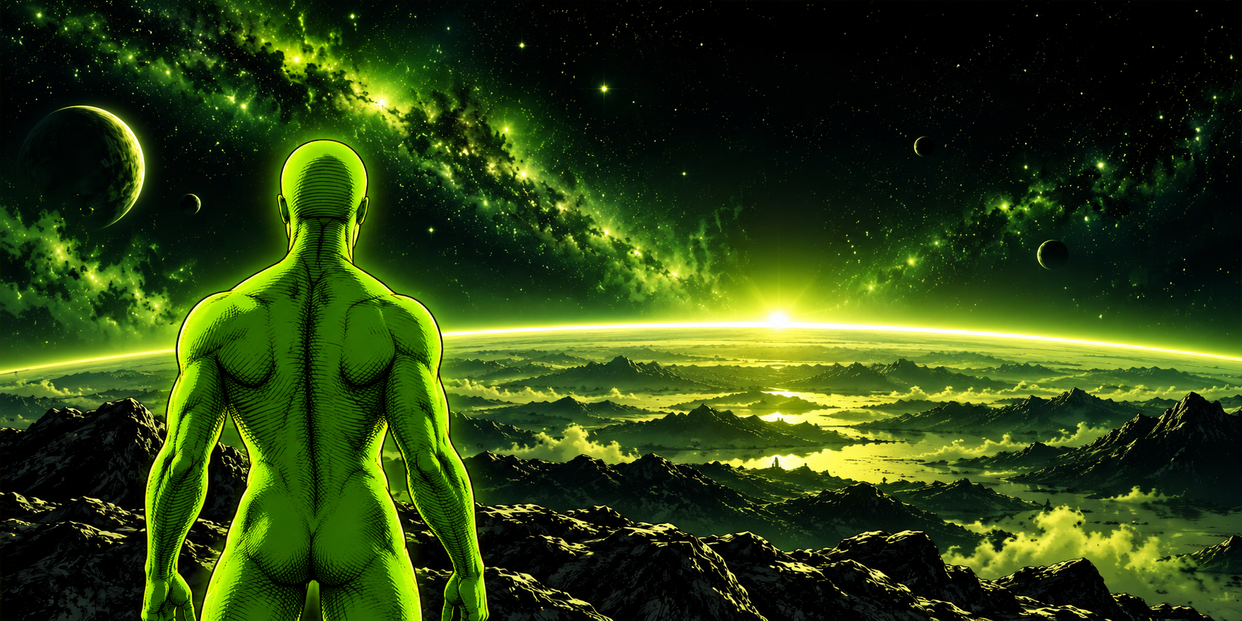 The WHY figure watching a luminous green dawn over an unknown world